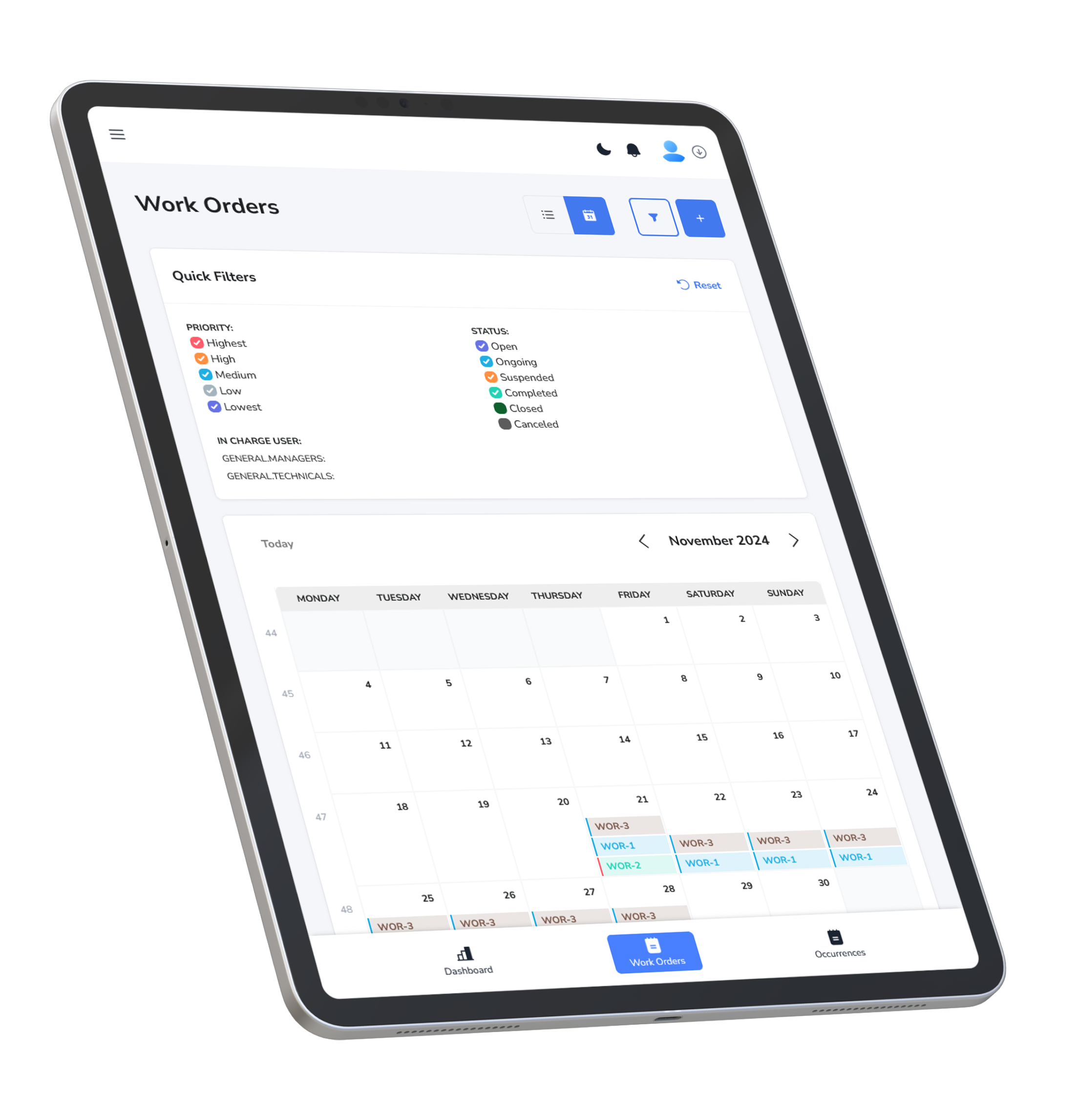 Work Orders Calendar on Tablet